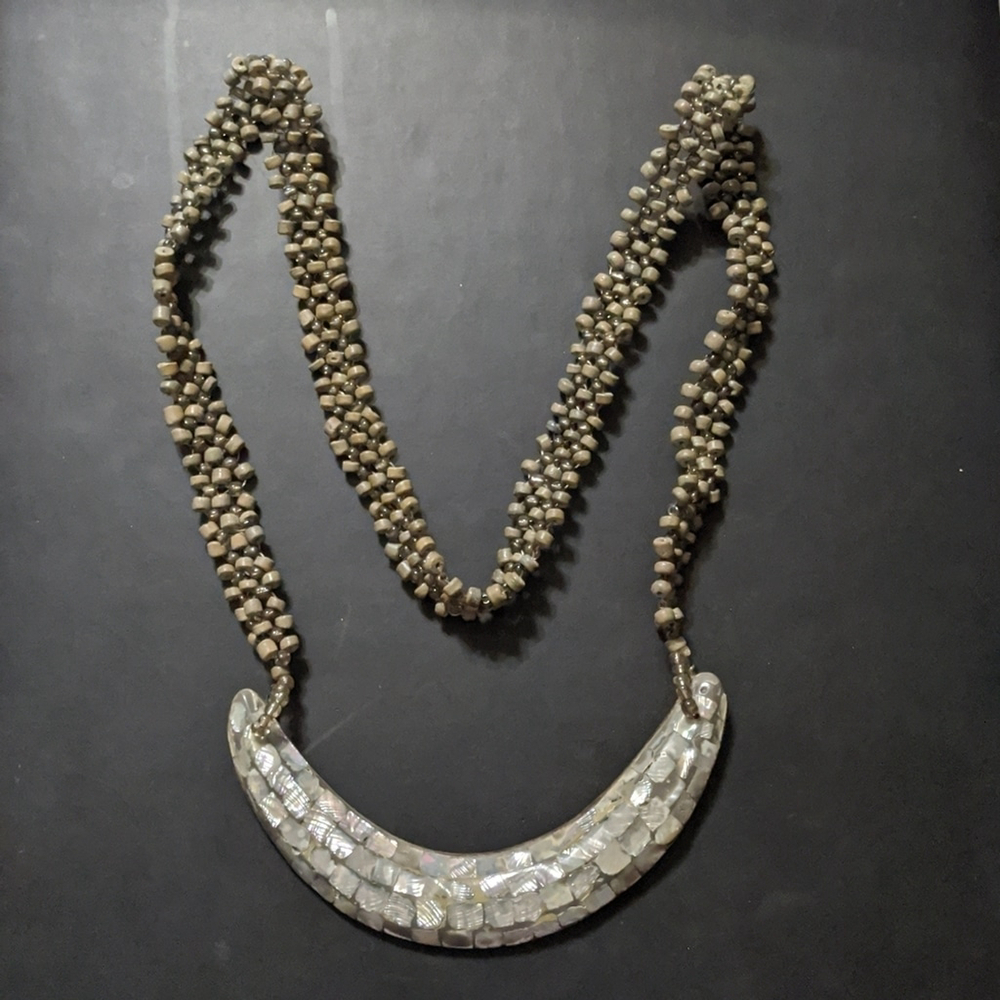 Mother of Pearl Curved Bar and Grey Green Beaded Long Statement Necklace